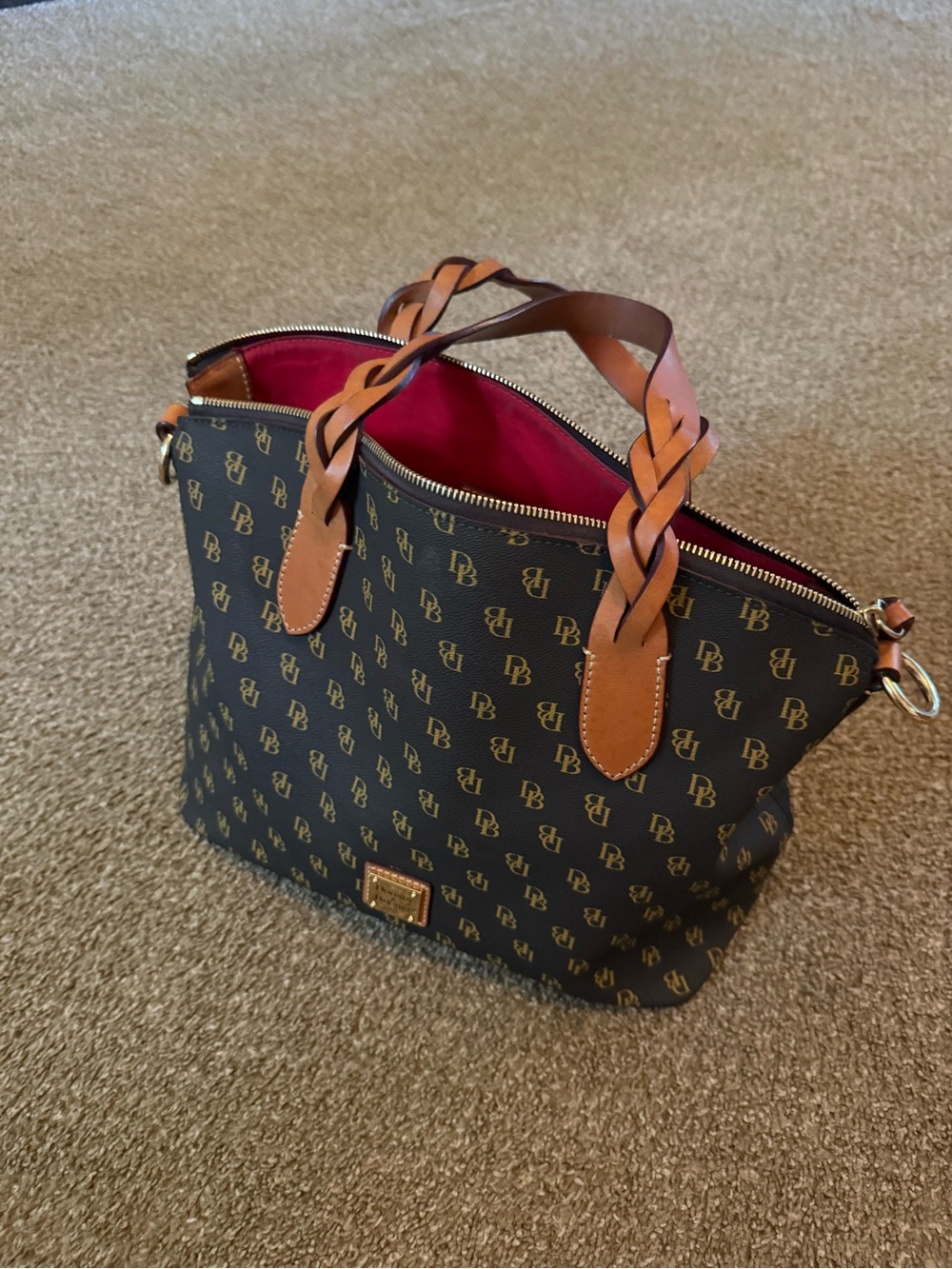 Dooney & Bourke Black Tote with Tan Braided Handles and Red Interior